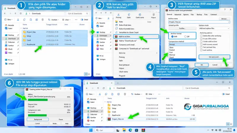 Panduan cara kompres file dengan WinRAR di Windows 11, mulai dari pilih file, klik Add to archive, pilih format RAR atau ZIP, atur kompresi, lalu klik OK.