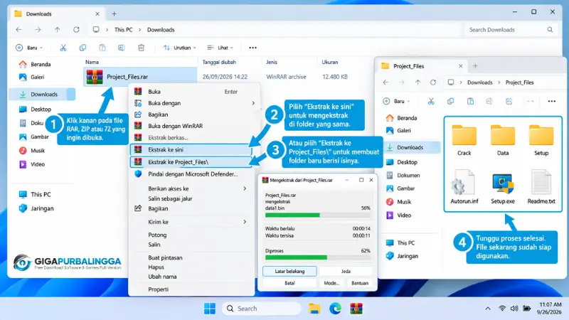 Panduan cara membuka file RAR di laptop dengan WinRAR pada Windows 11, mulai dari klik kanan file, pilih Extract Here, lalu tunggu proses ekstrak selesai.