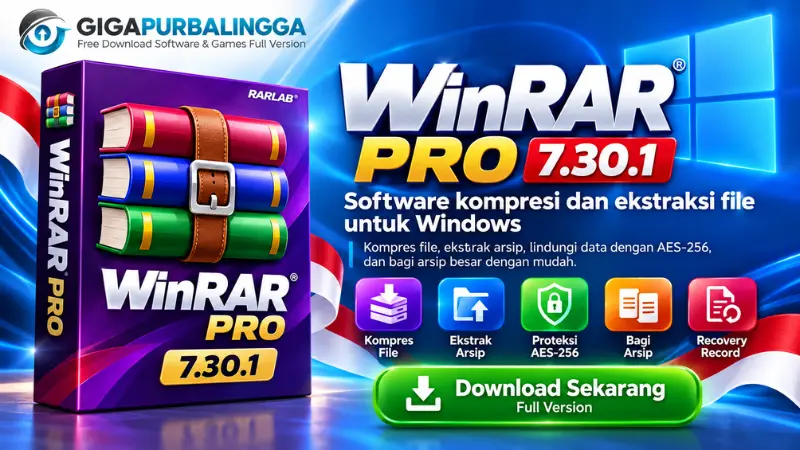 - Download Winrar Full versi 7.30.1 dengan tampilan feature image WinRAR Pro untuk Windows, lengkap dengan fitur kompres file, ekstrak arsip, proteksi AES-256, dan recovery record.