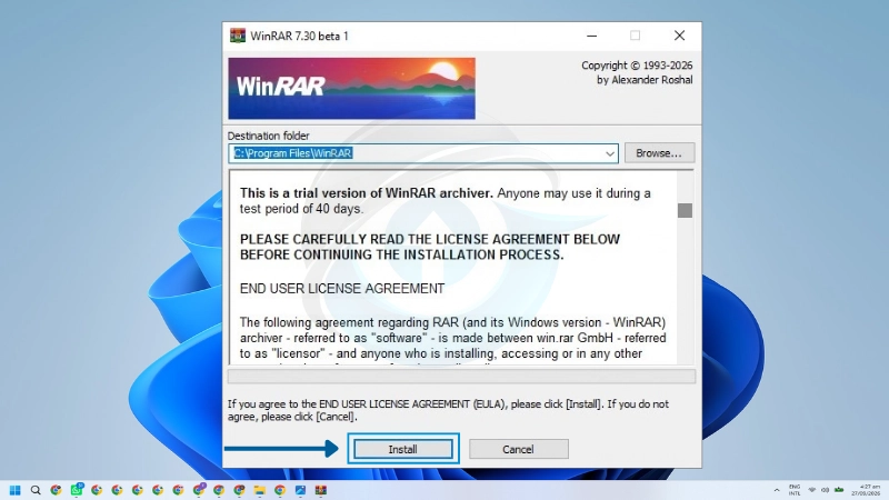 Memulai instalasi WinRAR 7.30 di Windows dengan menekan tombol Install