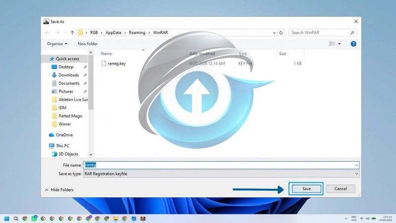 Menyimpan file registrasi WinRAR rarreg.key di folder WinRAR