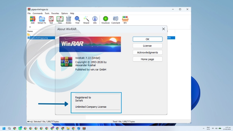 Tampilan About WinRAR 7.22 dengan status Registered dan Unlimited Company License
