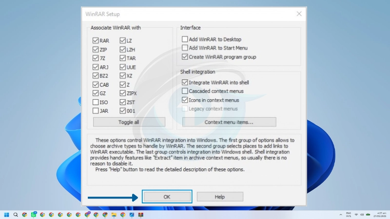Mengatur asosiasi file dan integrasi WinRAR 7.30 di Windows