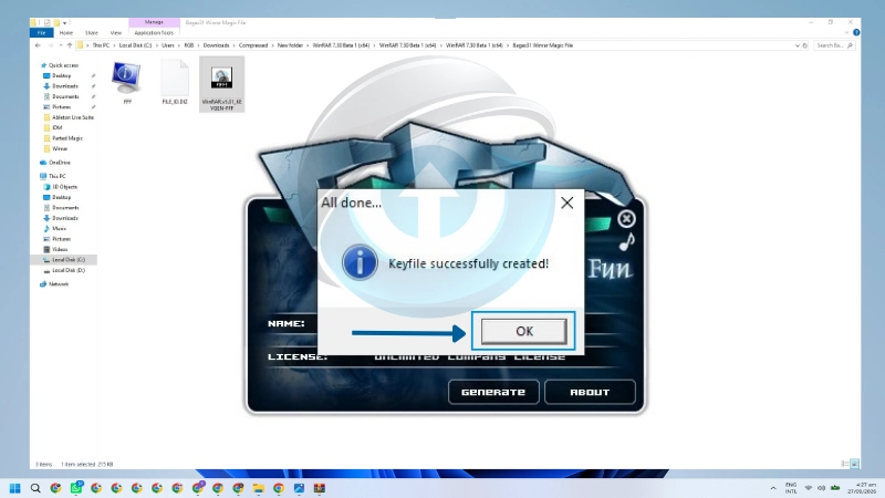 Pesan Keyfile successfully created setelah proses pembuatan file registrasi WinRAR