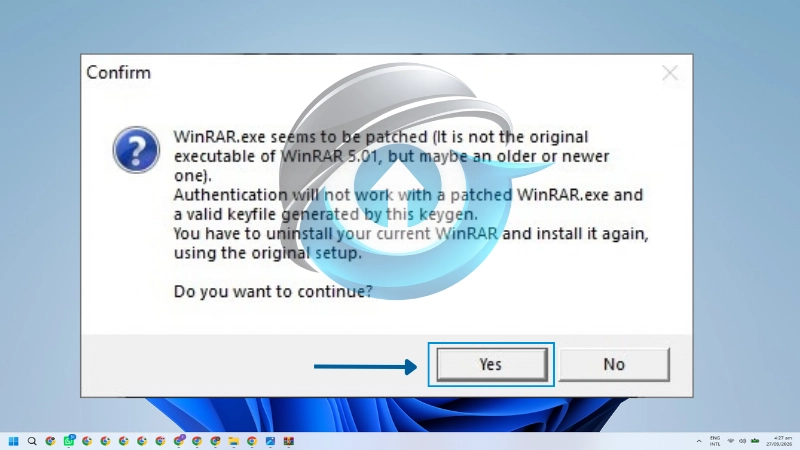 Peringatan keygen WinRAR tentang file executable yang terdeteksi sudah dipatch